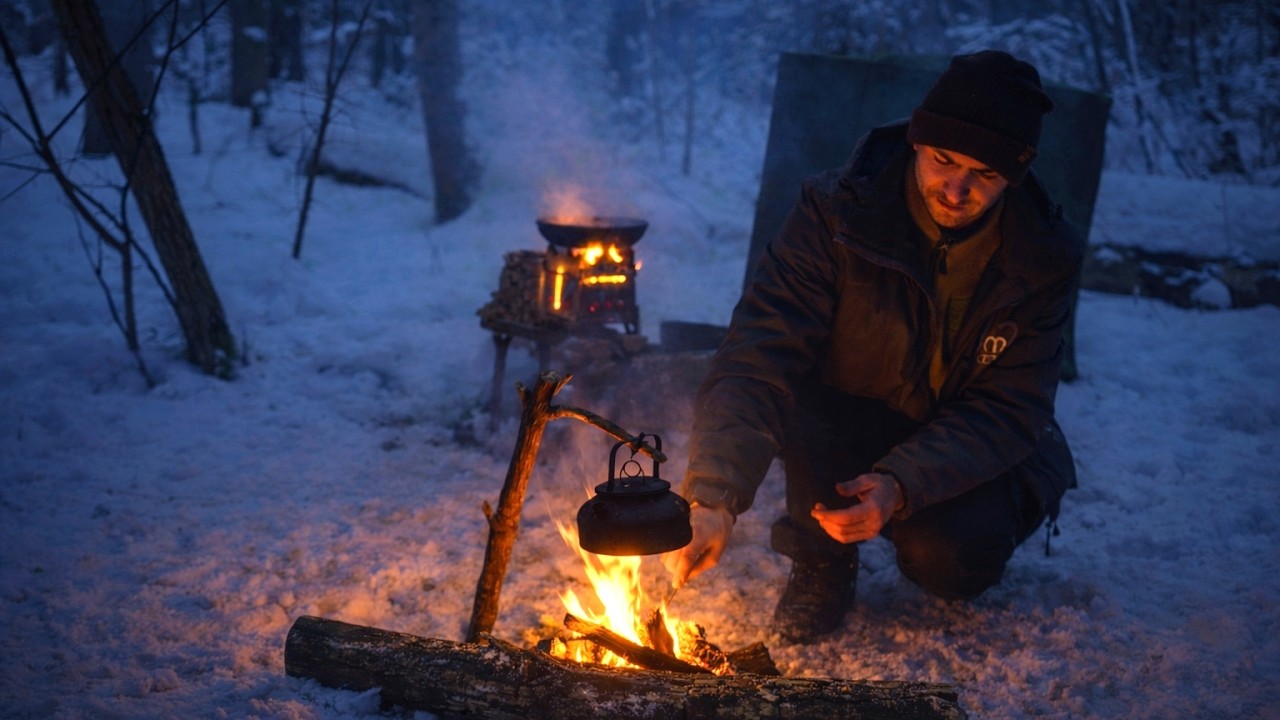 Creating cozy camp setup, unusual food preparation, bushcraft trip