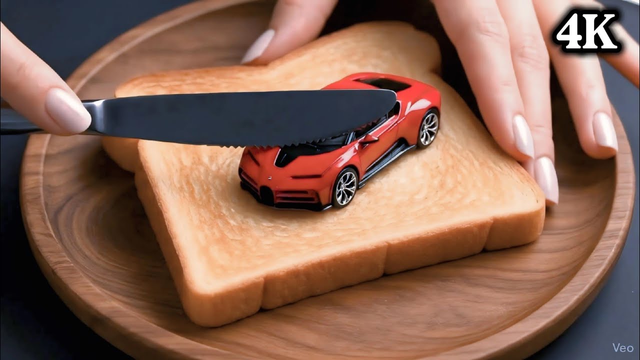 ASMR Crispy Bread Toast with Miniature Cars | Satisfying AI-Generated Visuals & Sounds