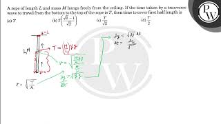 A rope of length \( L \) and mass \( M \) hangs freely from the ceiling. If the time taken by a ...