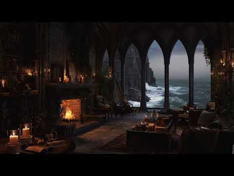 Ocean Waves at Night in a Victorian Castle – Fireplace Ambience for Deep, Peaceful Sleep
