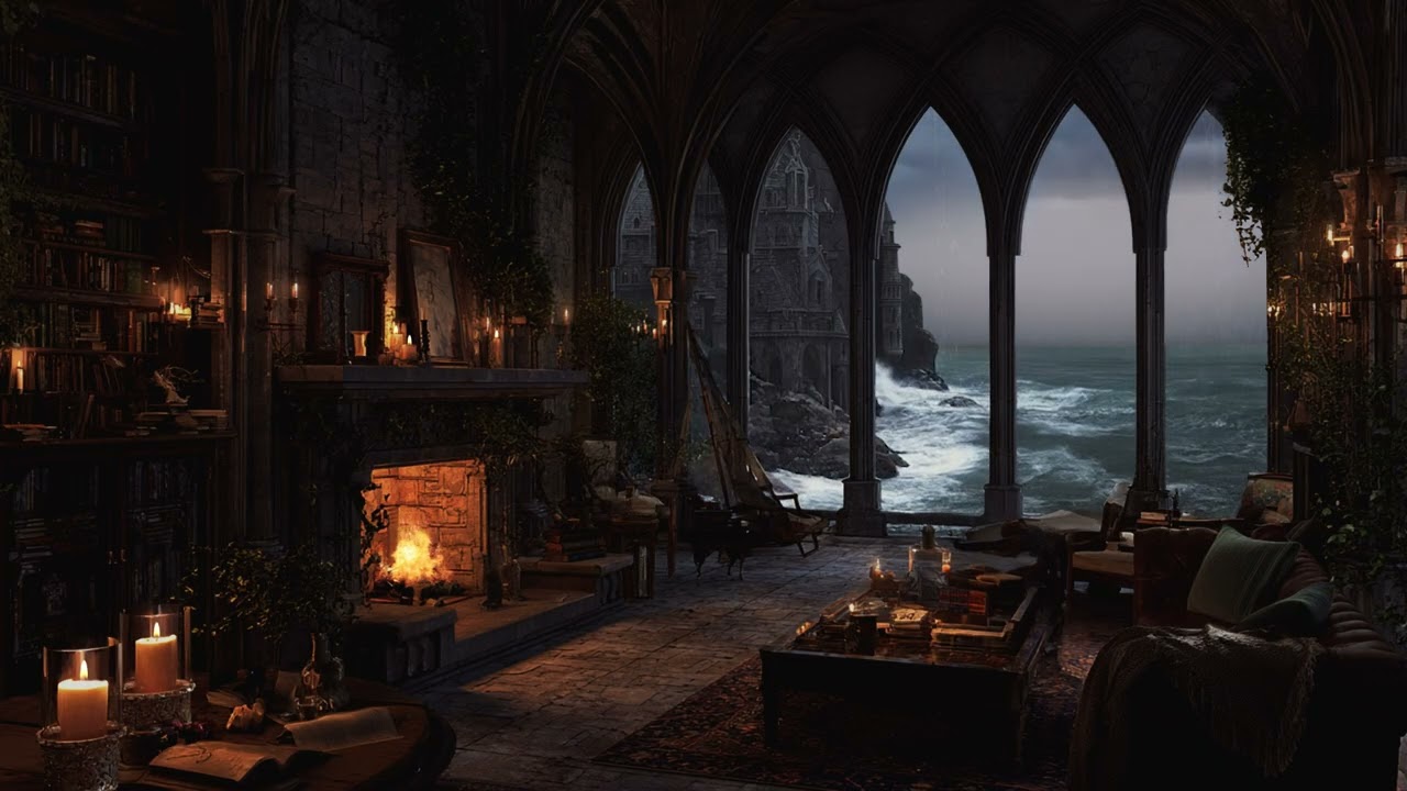 Ocean Waves at Night in a Victorian Castle – Fireplace Ambience for Deep, Peaceful Sleep
