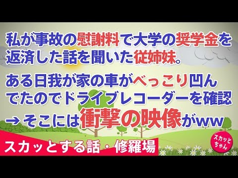 【スカッとする話 修羅場】私が事故の慰謝料で大学の奨学金を返済した話を聞いた従姉妹。ある日我が家の車がべっこり凹んでたので、ドライブレコーダーを確認→ そこには衝撃の映像がｗｗ【スカッとちゃん】