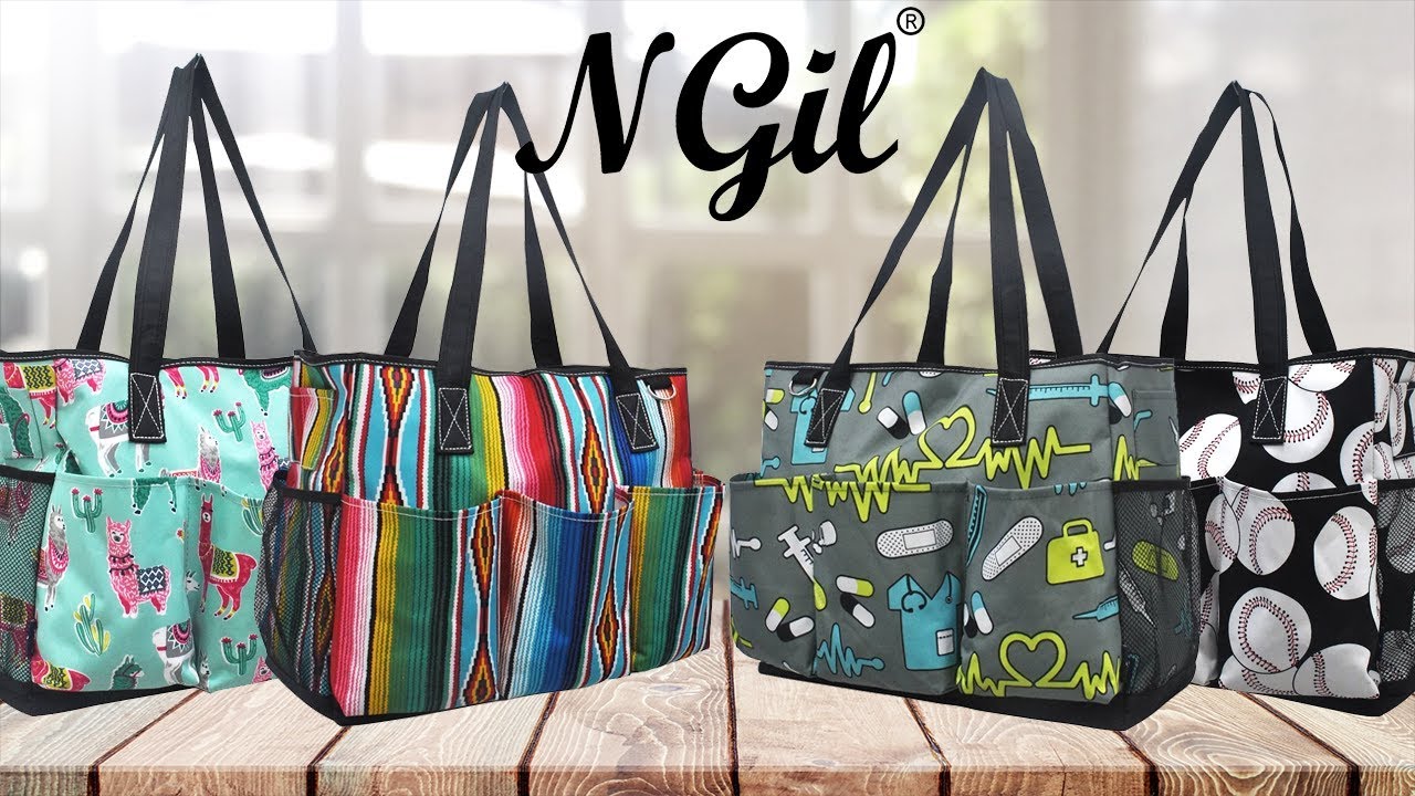 Gray Damask Print NGIL Large Travel Tote Bag - Canvas Organizer With Multiple Pockets - View #8