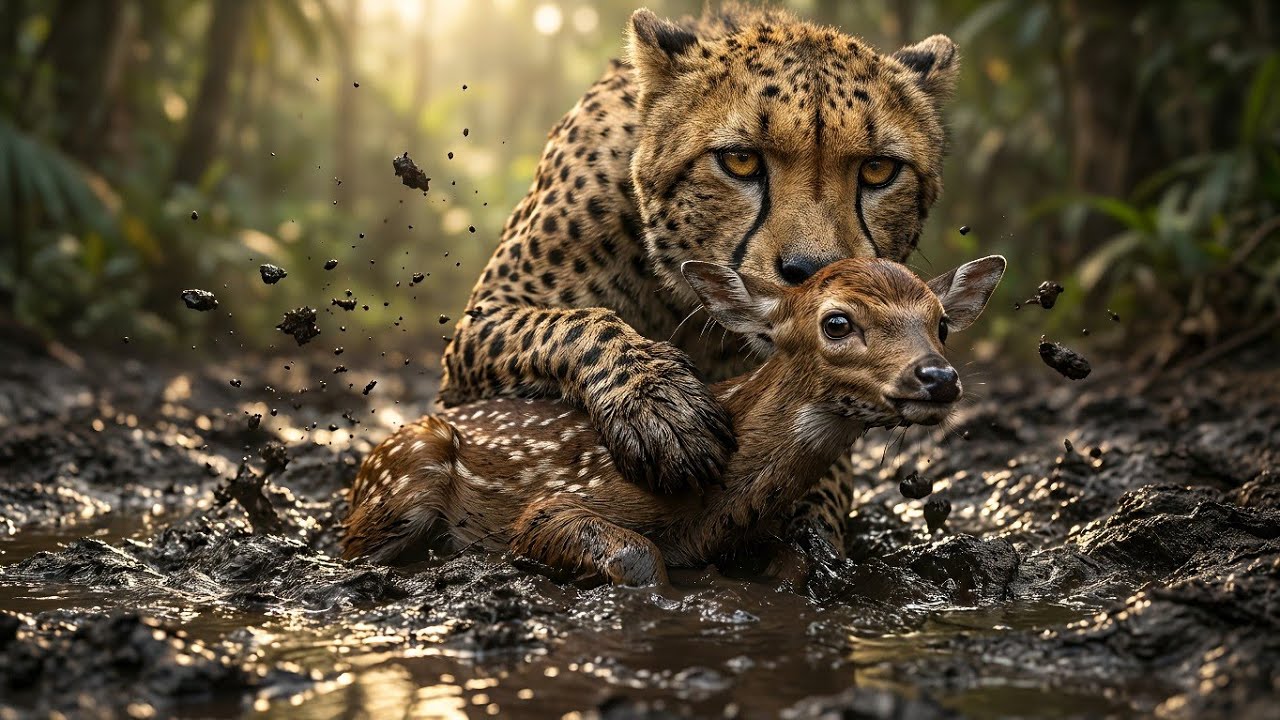 Incredible! Cheetah Saves Baby Deer Stuck in Mud – Nature’s Miracle 🐾