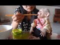 Baby Monkey Ape eat noodles with Mom.