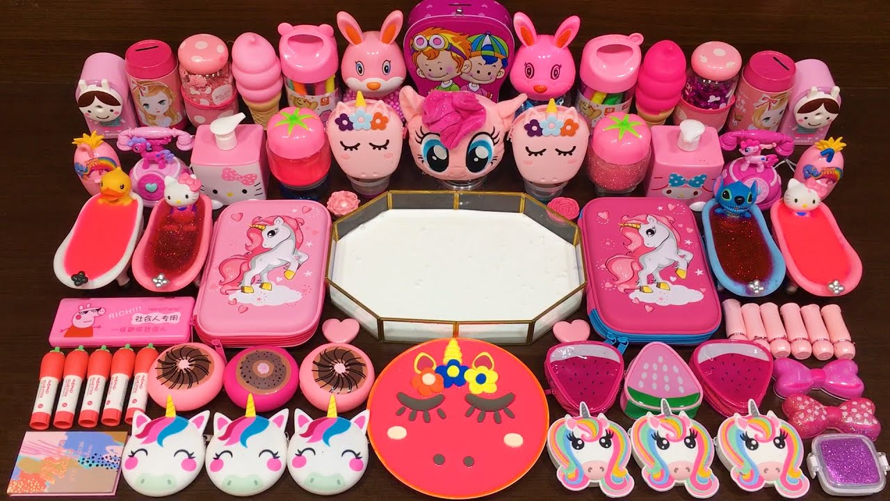 PINK UNICORN Slime ! Mixing GLOSSY Slime with Many Things !! Satisfying Slime, ASMR Slime 