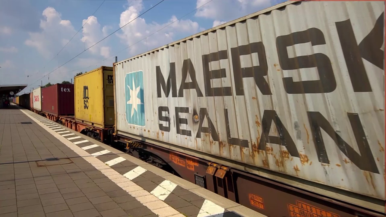 German Railway Electric Passenger Train followed by Electric Freight Train