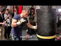 VASYL LOMACHENKO THROWING BEAUTIFUL HOOKS ON HEAVY BAG AS HE TRAINS FOR JORGE LINARES