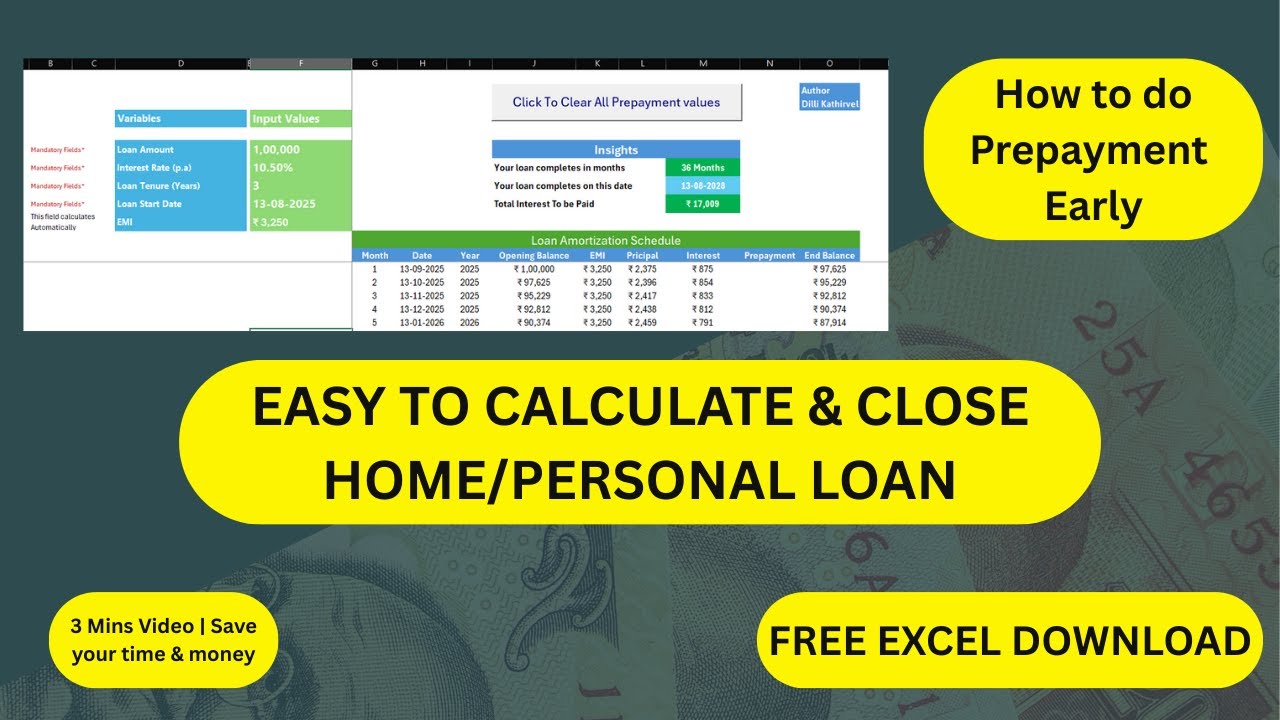 Loan Interest Rate Calculation | Prepayment Calc| Free excel download | How to close loan early