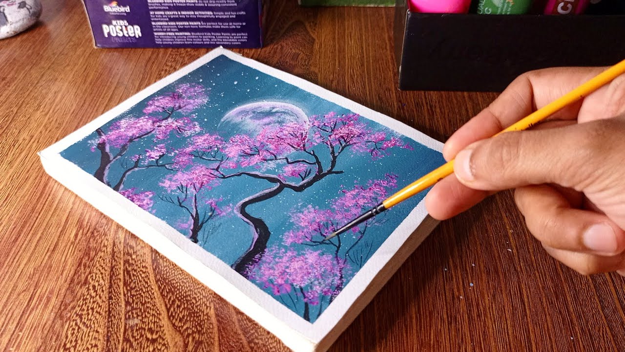 Flowers and Moon Painting | Step by Step Painting Tutorial | Acrylic Painting for Beginners