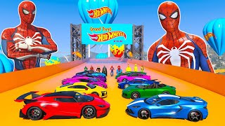 CORRIDA DE CARROS COM HOMEM ARANHA E AMIGOS HERÓIS! SALTOS e QUEDAS NA PISTA HOTWHEELS - GTA V