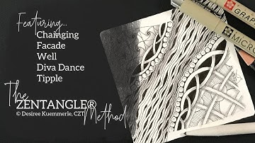 ZENTANGLE® Tile #10 | Chainging, Diva Dance on Square Tile | No Voice (Beginner Zentangle Tutorial)