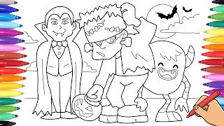 HALLOWEEN COLORING PAGES FOR KIDS - DRACULA VAMPIRE FRANKENSTEIN MONSTER AND LITTLE BABY ALIEN