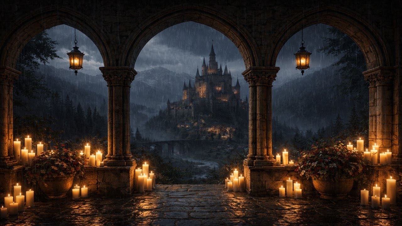 Castle at Twilight Through Stone Arches 🌒🏰 Cozy Fantasy Ambience