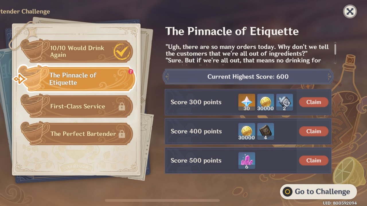 Bartender challenge | The pinnacle of etiquette | of drink a dreaming | Genshin impact