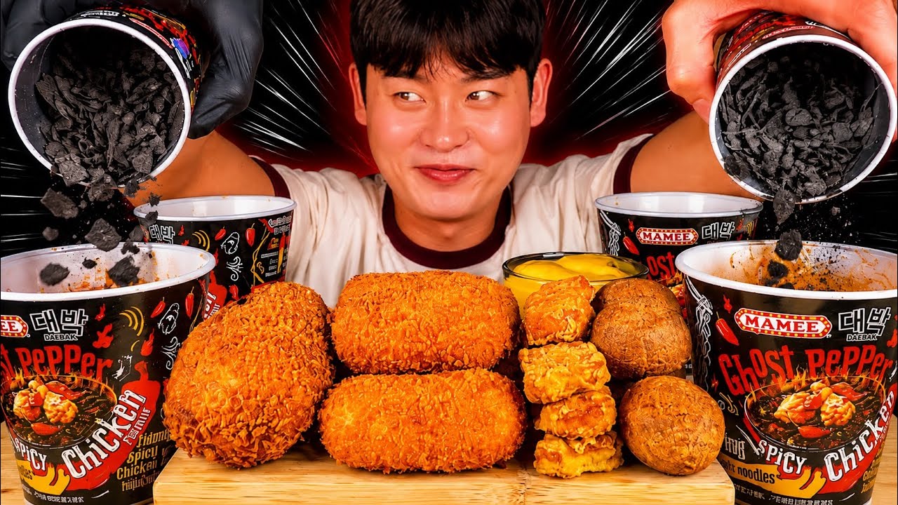 ASMR 고스트페퍼라면&고스트페퍼과자☠️감자고로케 대왕치츠스틱 먹방! Ghost Pepper Noodles With Fried Cheese Sick Nuggets MuKBang~!