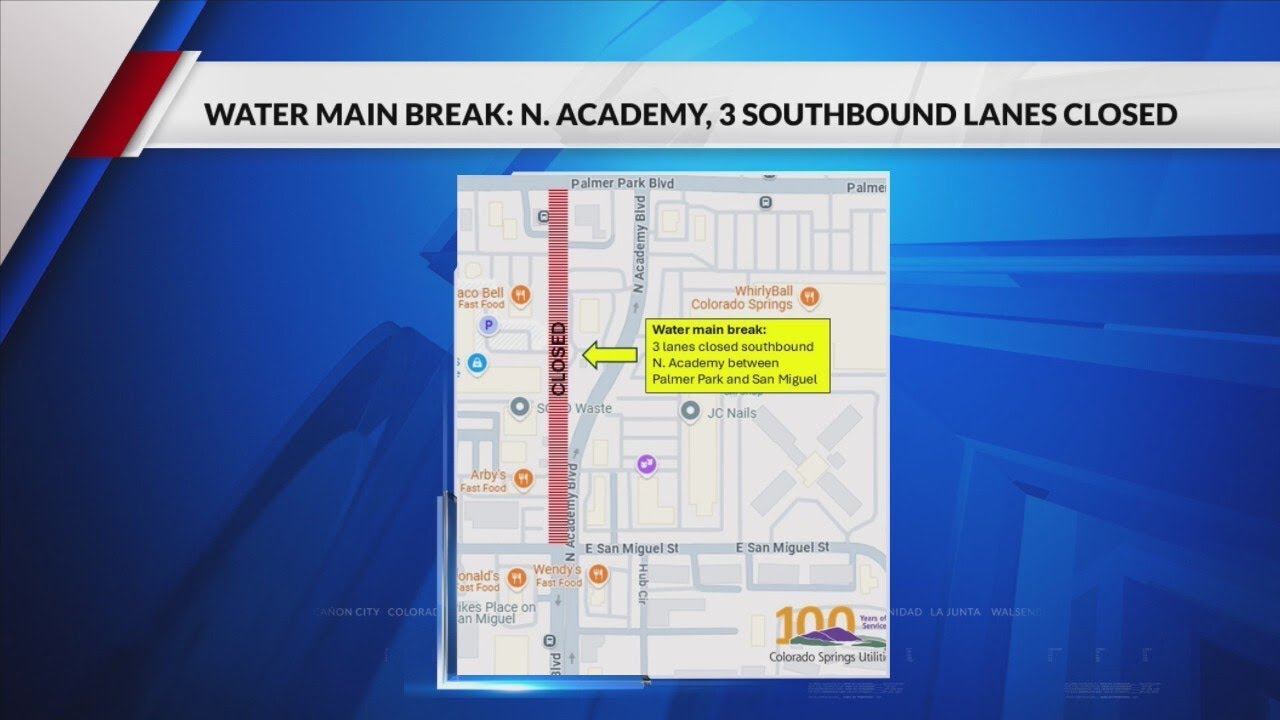 Water main break closes three lanes of N. Academy - YouTube