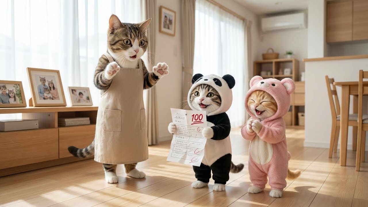 🐼📄 子猫が100点を取った！ママ猫はびっくり、妹猫は拍手が止まらない 😲👏