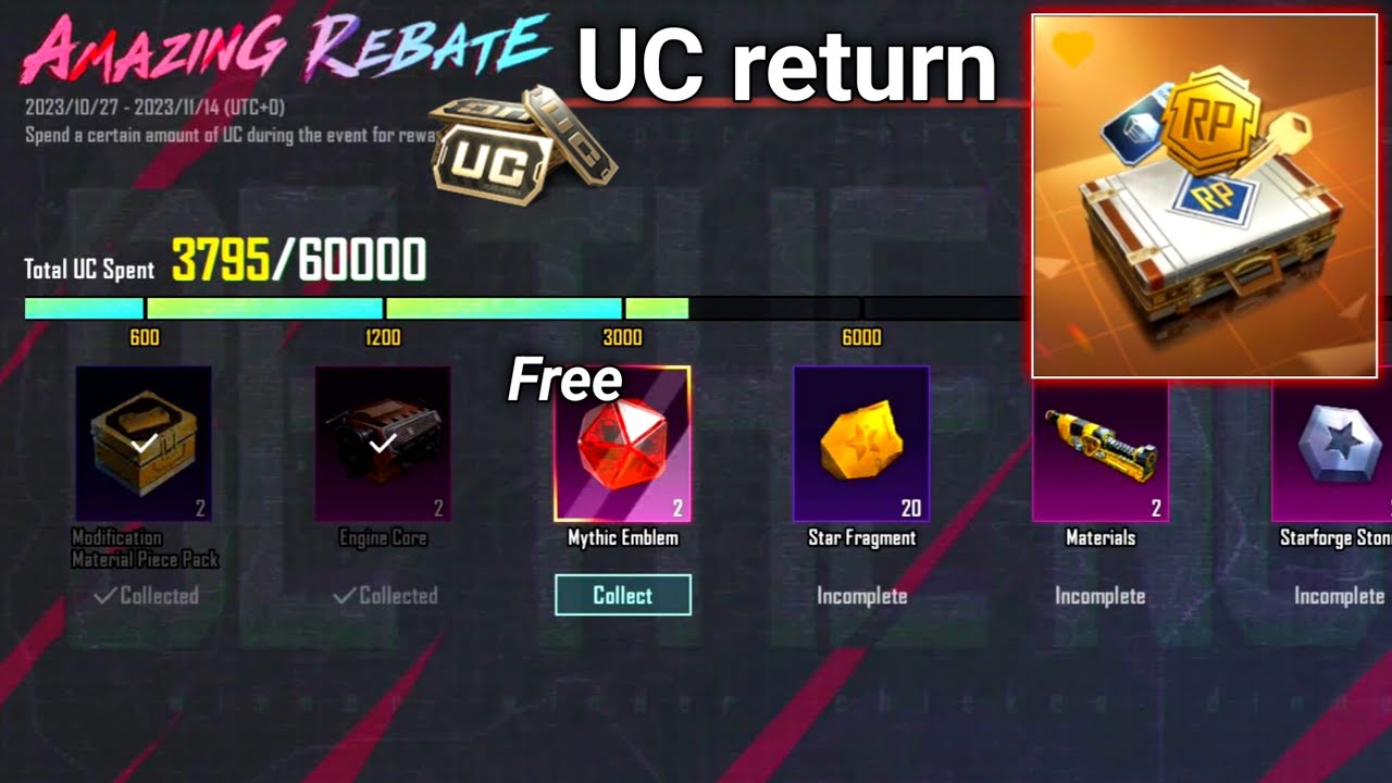 All UC Rebate ] Amazing rebate Event Get 2 time in A4 Royal Pass Free Material & Mythic emblem