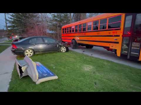 MVC Car vs Parked School Bus Cobourg May 1, 2023