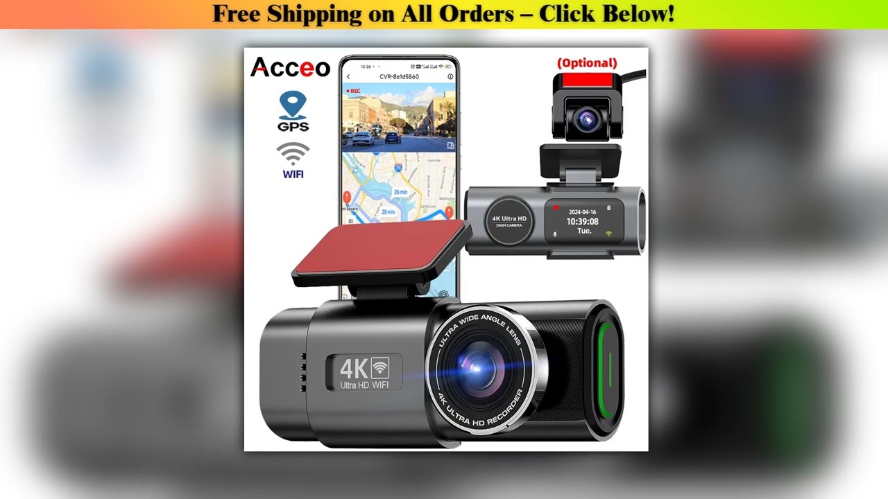 Dash Cam 4K UHD Recording Car Camera DVR Night Vision Video Recorder Built-In Wi-Fi Support GPS
