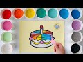 Sand painting coloring a cute birt.ay cake for kids and toddlers