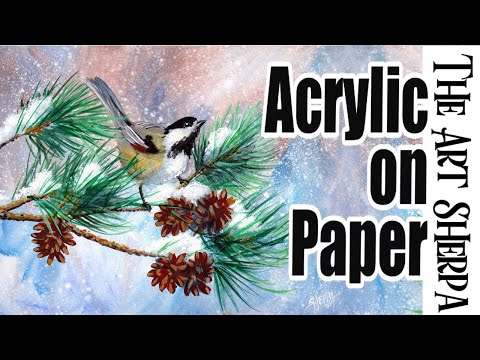 Bird in Winter pine Branch Beginners Acrylic on paper like Watercolor  Tutorial Step by Step