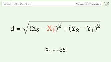 Find the distance between two points p1 (-35,-47) and p2 (-32,-9): Step-by-Step Video Solution