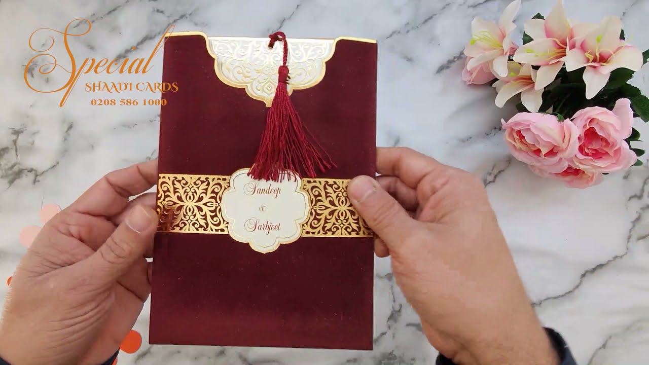 Maroon Velvet Card with Shiny Gold Arabesque Pattern || K6055 || Special Shaadi Cards