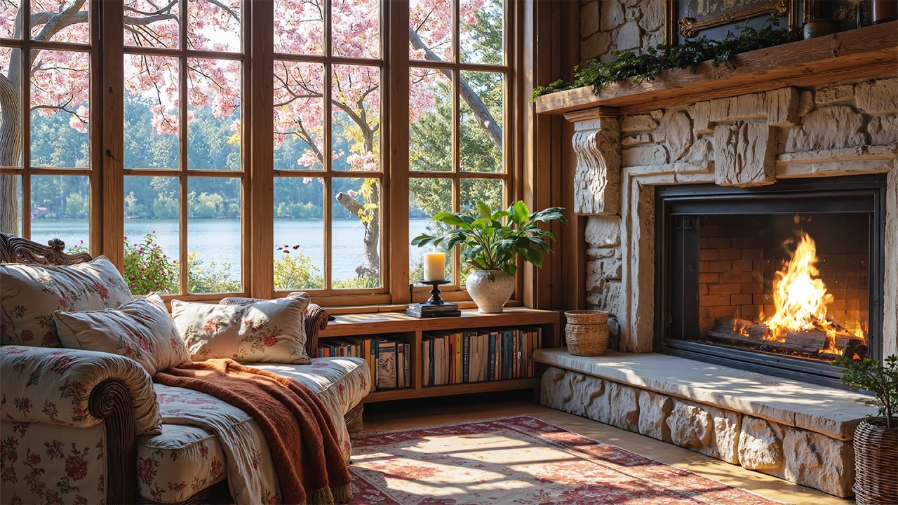 Cozy Spring Ambience 🌸 Soothing Piano Music and Fireplace Sounds for Unwind