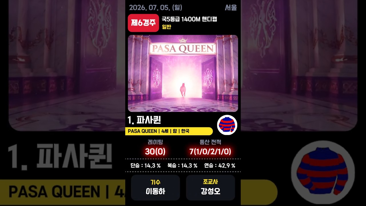 📢 2026.07.05(일) 서울 6경주  | AI 예측 우승마 '파사퀸' 🏆