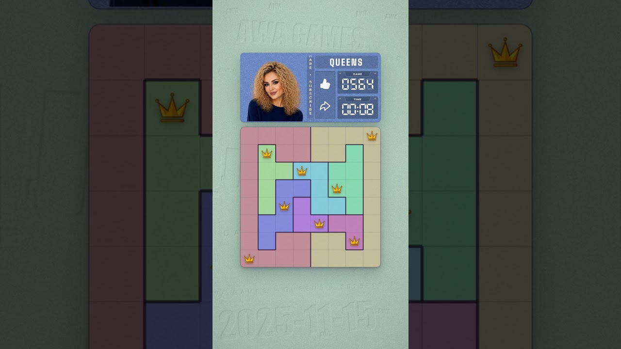 LinkedIn Queens #564 solved board for November 15, 2025, 8x8 grid