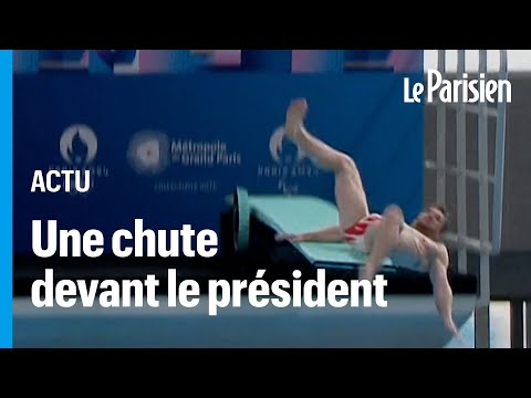 Le plongeur Alexis Jandard chute devant Macron lors de l’inauguration de la piscine olympique