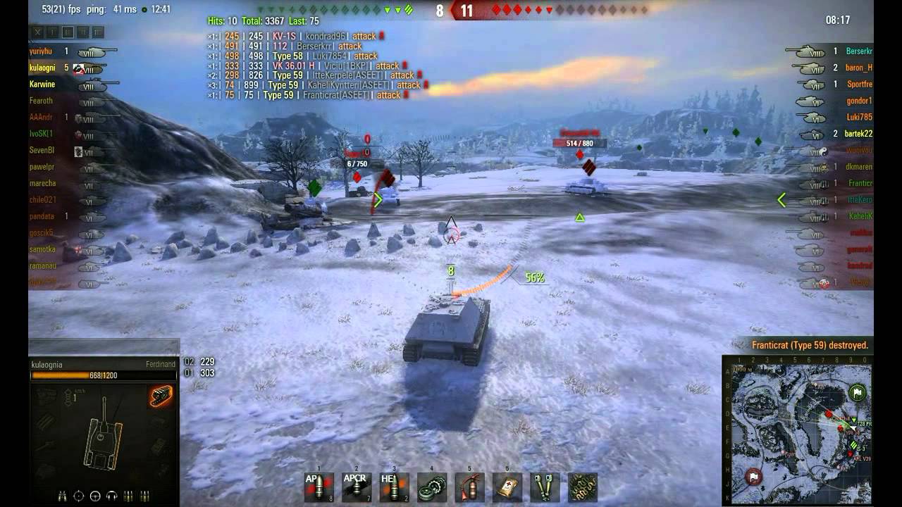 wot replay WoT 0.8.8 - Ferdinand - Arctic Region - Pool's Medal & Top Gun & Defender by kulaognia