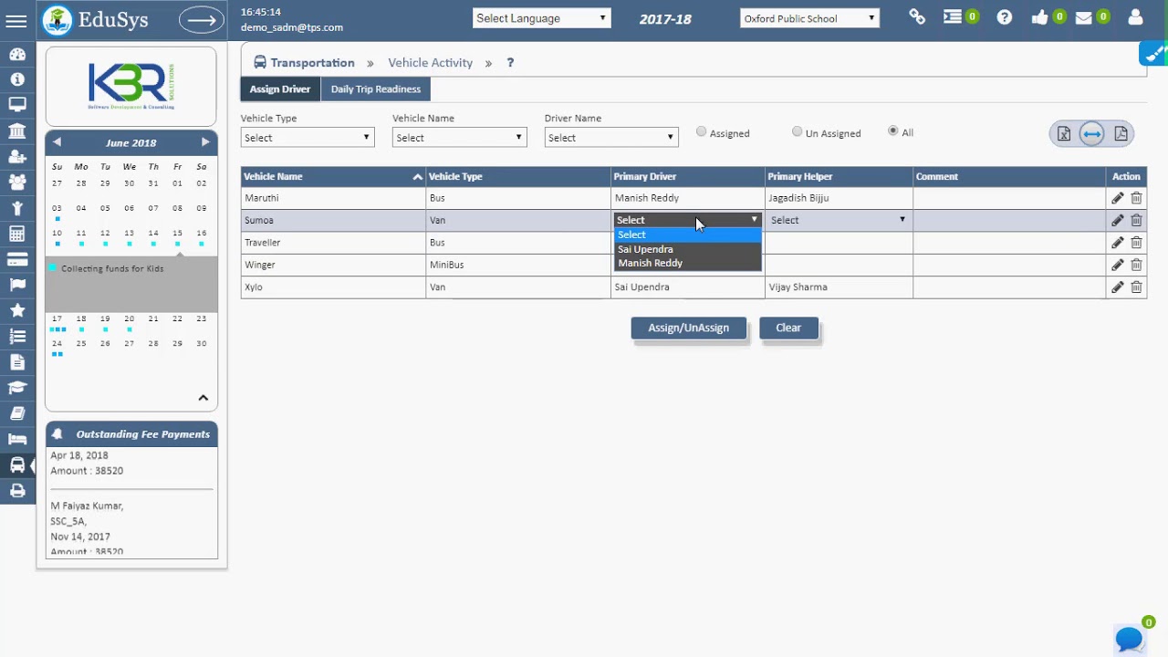 How to Assign Driver for Transportation using School Management System