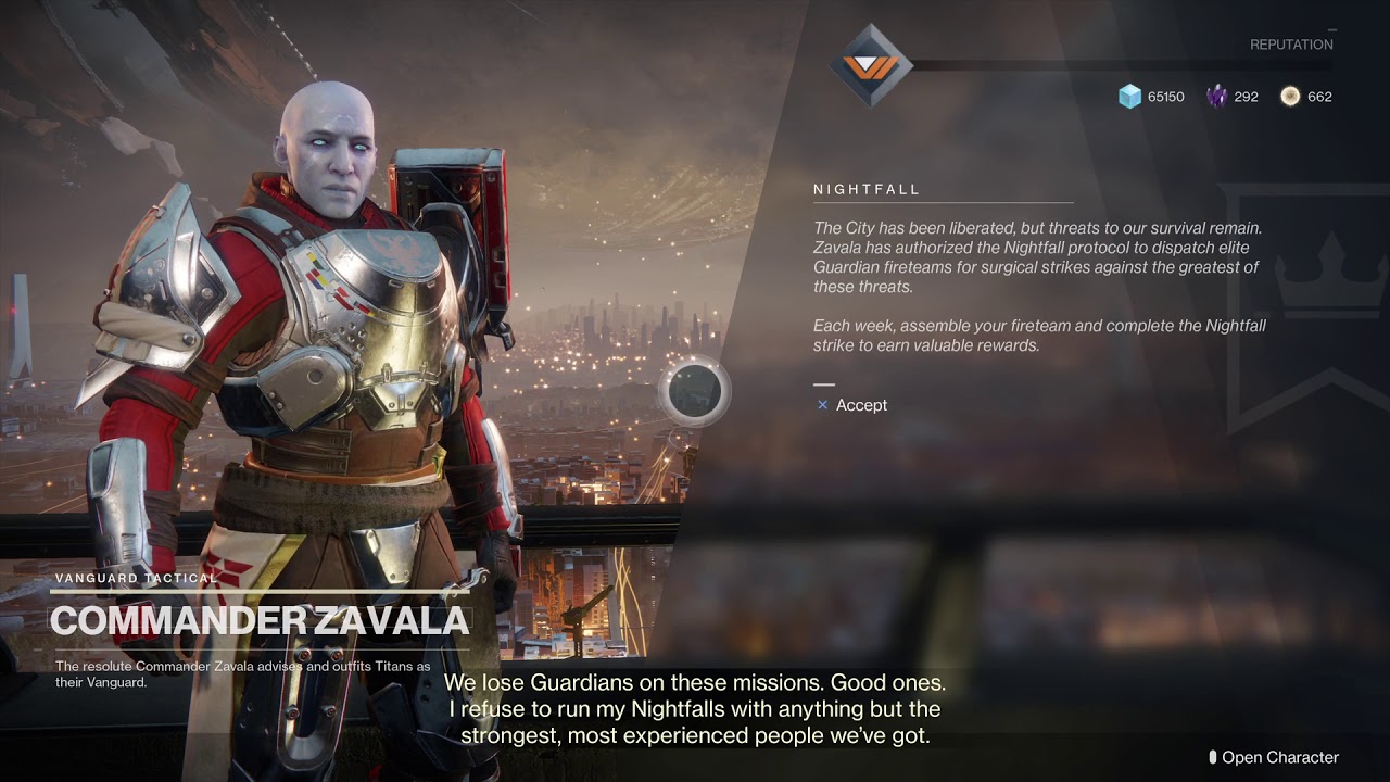 Destiny 2 Incidental Dialogue- Zavala introducing Nightfall Strikes