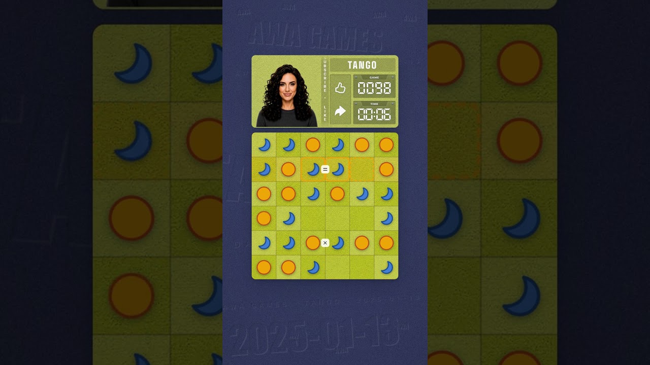 LinkedIn Tango #98 solved board for January 13, 2025, 6x6 grid