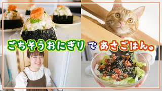 【簡単朝ごはんの支度】猫と具沢山ごちそうおにぎり＆チョレギサラダ作り【料理音フェチ】