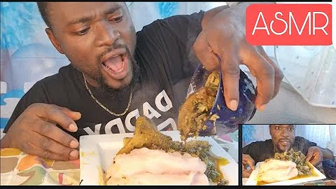 ASMR MUKBANG NIGERIA NATIVE OKRO SOUP WITH COCO YAM FUFU AND ASSORTED MEAT, FISH,STOCKFISH,COWSKIN