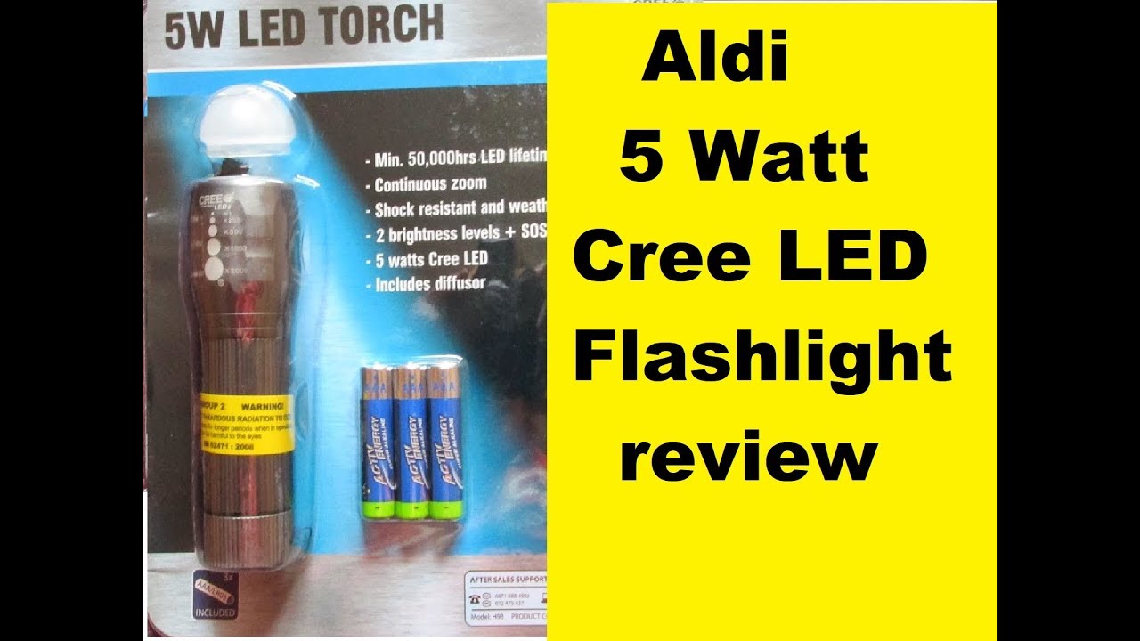 Aldi  5watt Cree LED Super bright Flashlight Review, for outdoors, camping, bush craft