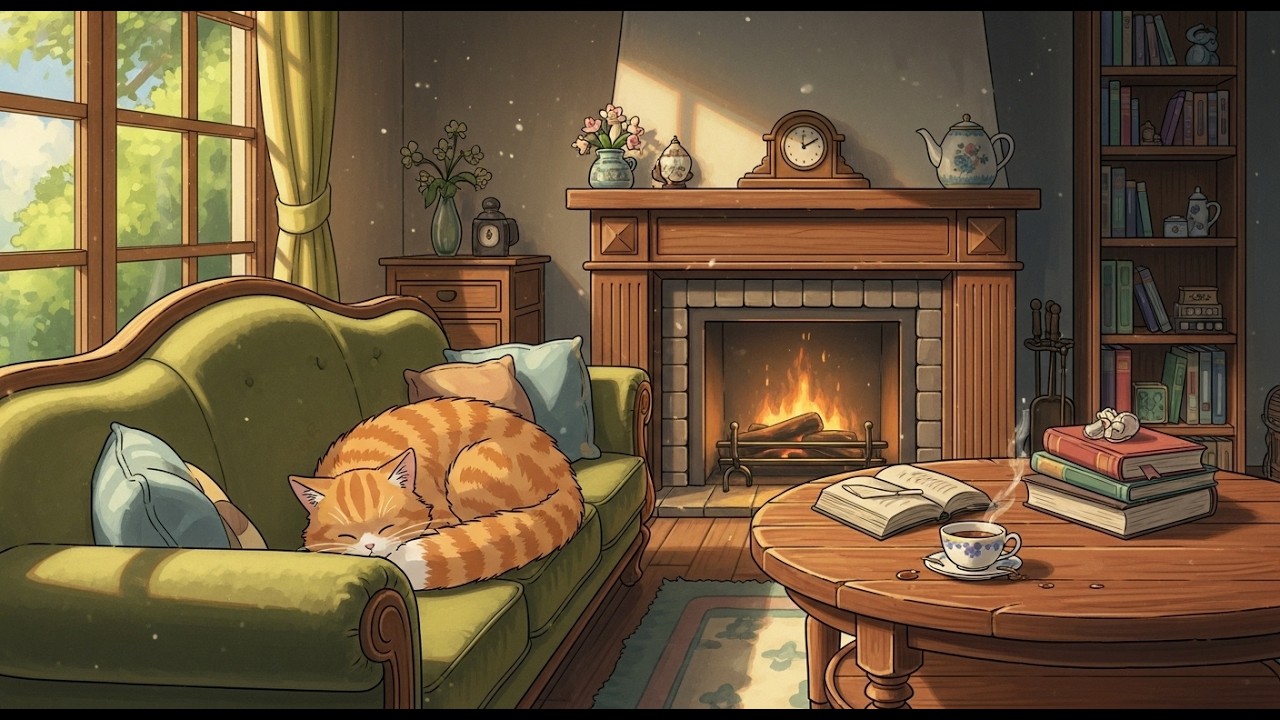 Rainy Evening by the Fireplace 🐾🔥 | Calm Lofi Beats with Sleepy Cat for Relax & Focus
