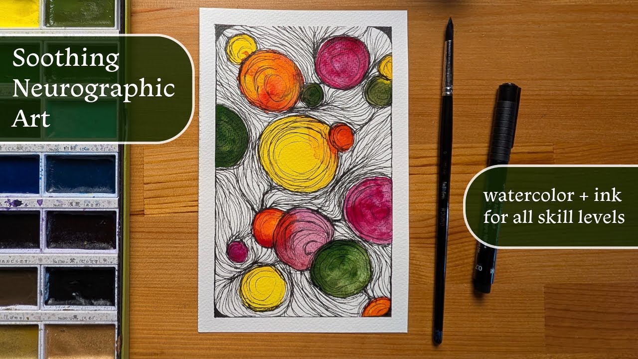 Успокаивающий нейрографический рисунок, выполненный акварелью и чернилами.