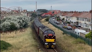 Class 37’s West Coast Railways passing Blackpool Pleasure Beach (Tractors Tour Express) for Preston