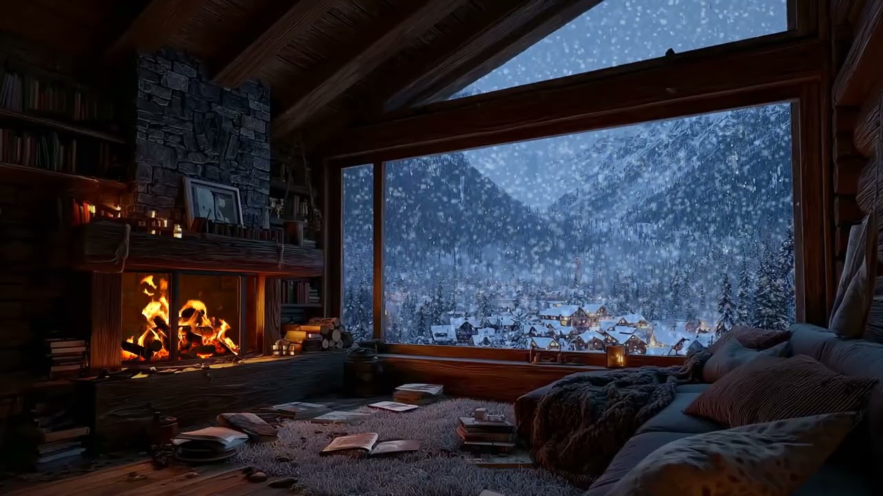 Peaceful Snowy Cabin Evening with Gentle Fireplace Crackling for Deep Sleep & Complete Relaxation