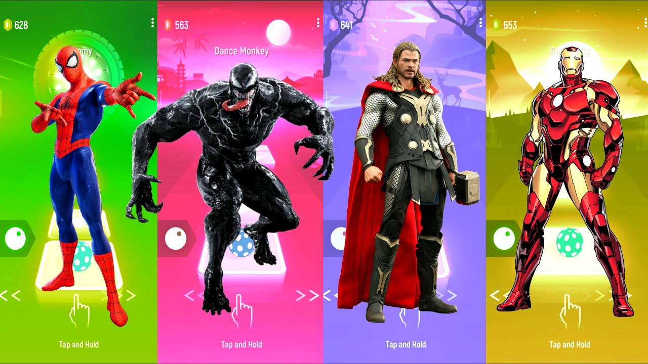 Spiderman 🆚 Venom 🆚 Thor 🆚 Iron Man | Marvel Heroes | Tiles Hop Fun Ball