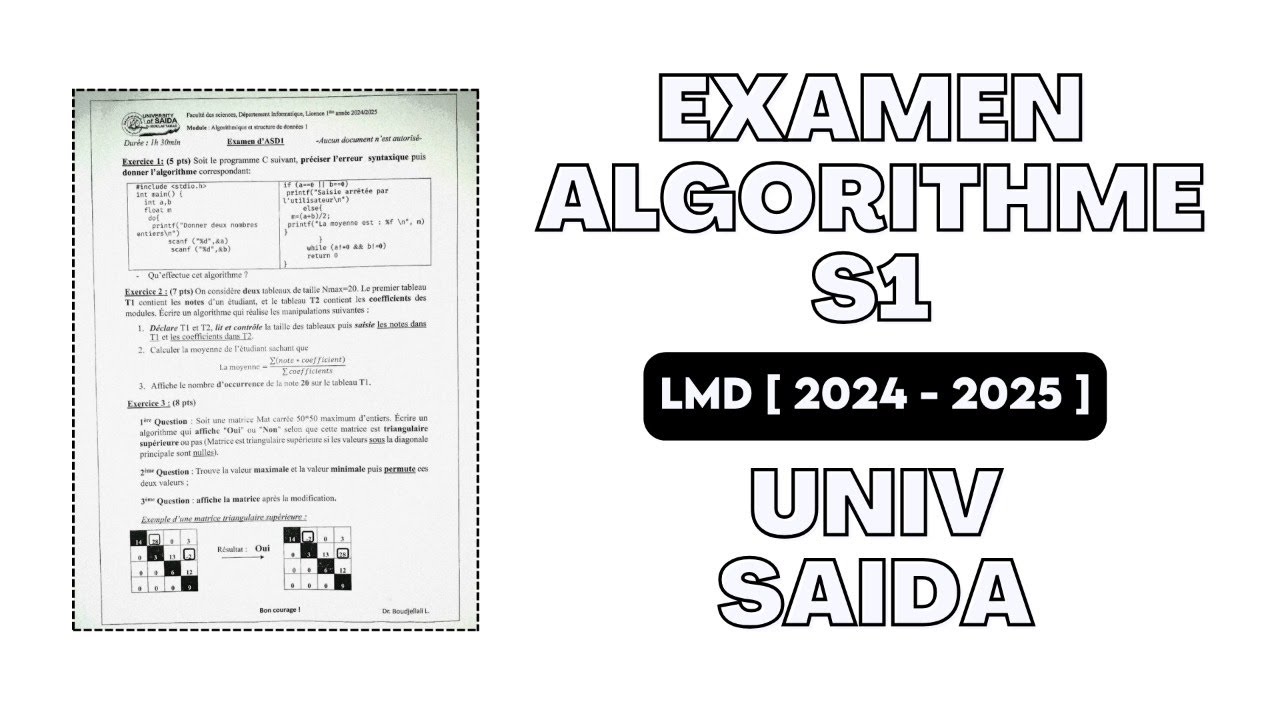 Examen Algorithme S1 Corrigé {LMD} - Univ Saida (2024/2025)
