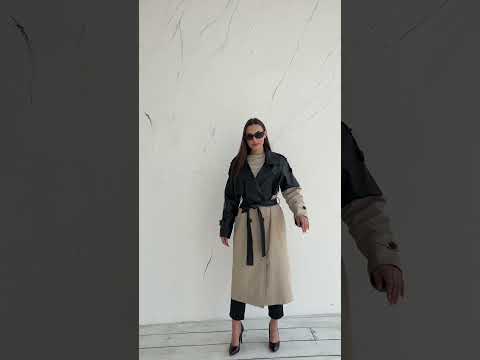 Тренч женский осенний двухцветный комбинированный с эко-кожей отложной воротник с поясом длина миди беж, видео 1