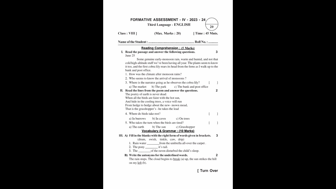 8th class FA4 English question paper 2023-2024