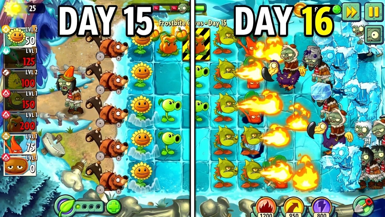 Crazy Zombie Waves! 🥶🌻 - Frostbite Caves Day 15–16 | PvZ2 (4KHD