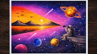 Astronaut Searching for Earth 🌌 | Easy Oil Pastel Drawing for Beginners